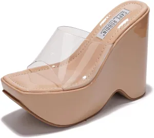 Cape Robbin Women's Platform Wedge Sandals - 6-Inch Heel Square Open Toe Slip-On Clear Strap (Pinkki)