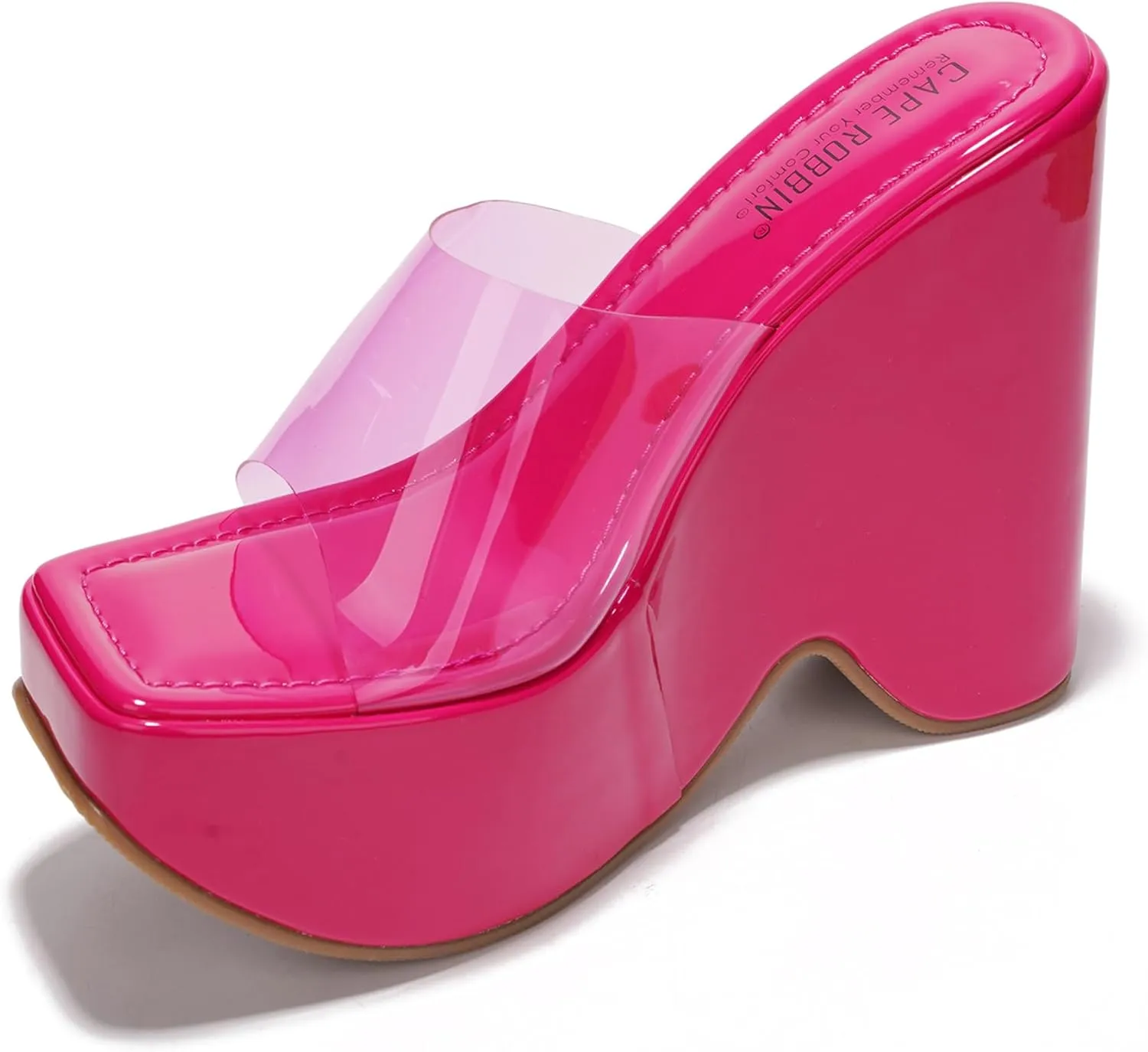 Cape Robbin Women's Platform Wedge Sandals - 6-Inch Heel Square Open Toe Slip-On Clear Strap (Pinkki)