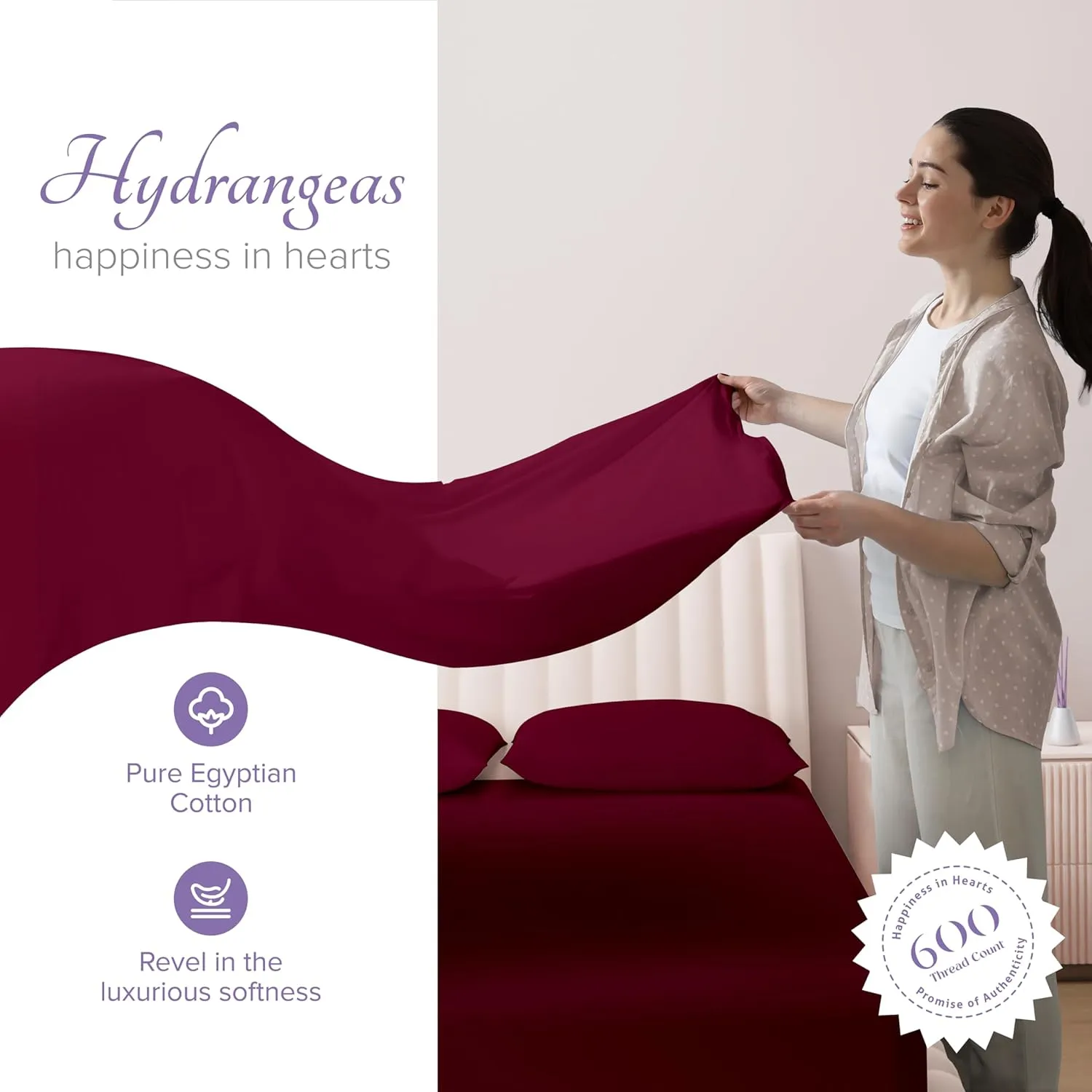 Carressa Linen Luxury Egyptian Cotton 4 PC King Size Sheet Set - 600 Thread Count Deep Pocket Fitted and Flat Sheets, Soft, Cooling Extra Long Staple Hotel-Quality Bedding with Sateen Weave - Burgundy
