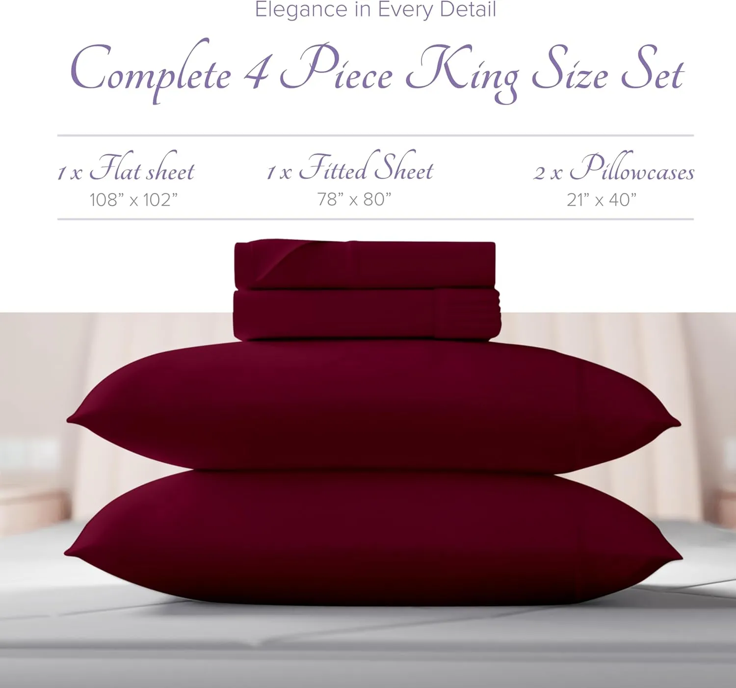 Carressa Linen Luxury Egyptian Cotton 4 PC King Size Sheet Set - 600 Thread Count Deep Pocket Fitted and Flat Sheets, Soft, Cooling Extra Long Staple Hotel-Quality Bedding with Sateen Weave - Burgundy