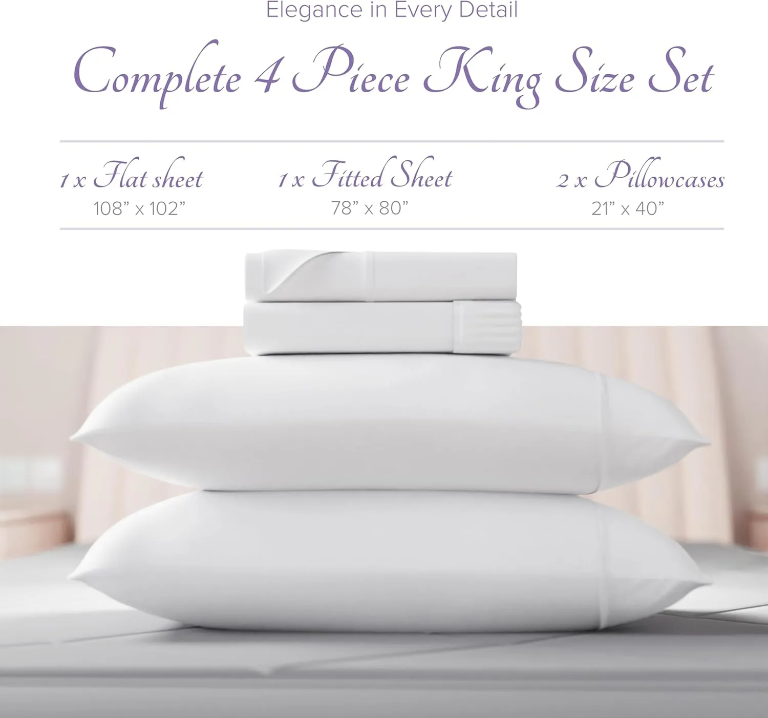 Carressa Linen Luxury Egyptian Cotton 4 PC King Size Sheet Set - 600 Thread Count Deep Pocket Fitted and Flat Sheets, Soft, Cooling Extra Long Staple Hotel-Quality Bedding with Sateen Weave - White