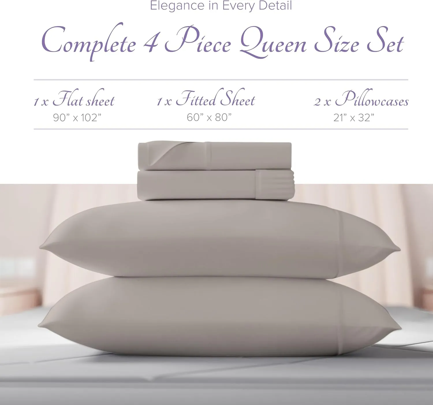 Carressa Linen Luxury Egyptian Cotton 4 PC Queen Size Sheet Set - 600 Thread Count Deep Pocket Fitted and Flat Sheets, Soft, Cooling Extra Long Staple Hotel-Quality Bedding with Sateen Weave - Taupe