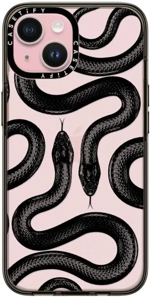 CASETiFY Compact iPhone 15 Case [4 ft. 2X Military Grade Drop Protection/Slim/Lightweight] - Black Kingsnake - Clear Black