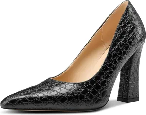 Castamere Womens High Chunky Block Heel Close Square Toe Pumps Slip-on Dress Office Casual Pumps Shoes 3.9 Inches Heels