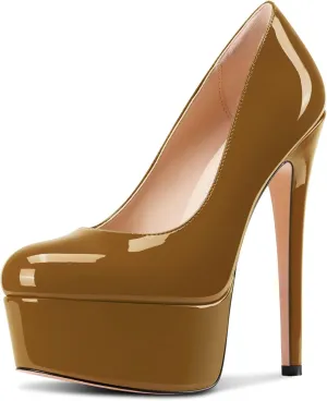 Castamere Womens Stiletto High Platform Heel Round Toe Pumps Slip-on Party Dress Patent Leather 5.9 Inches Heels
