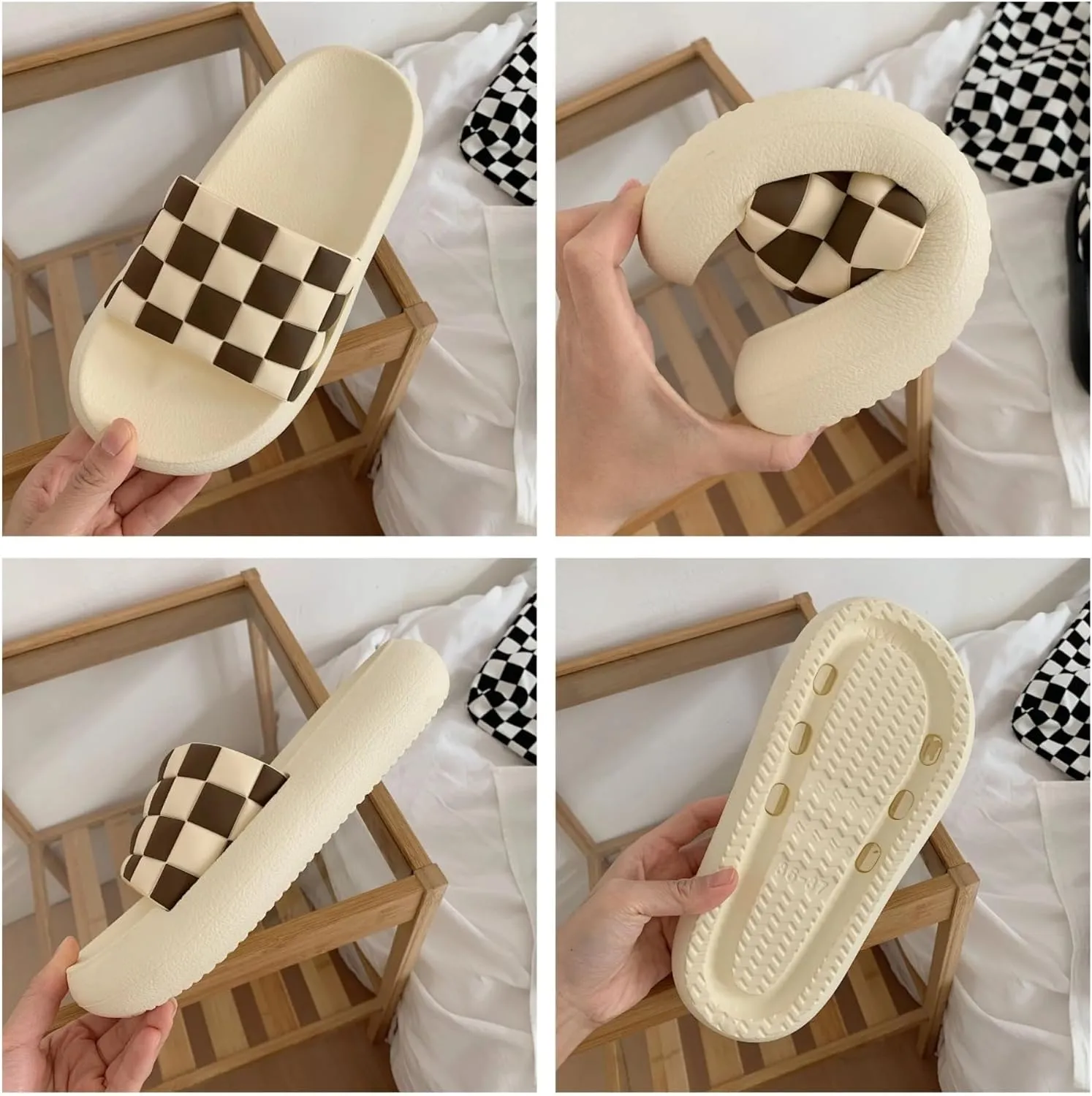 Checkered House Slippers for Women Men Summer Shower Shoes Trendy Comfortable Casual Indoor Home Slipper with Thick Soled Checkerboard Outdoor Beach Slides Non Slip