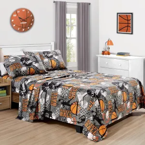 Chezmoi Collection 4-Piece Kids/Teens Basketball Sheet Set - Soft Microfiber Gray Orange Black Printed Sports Basketball Slam Dunk Fun Kids Sheets, Full Size