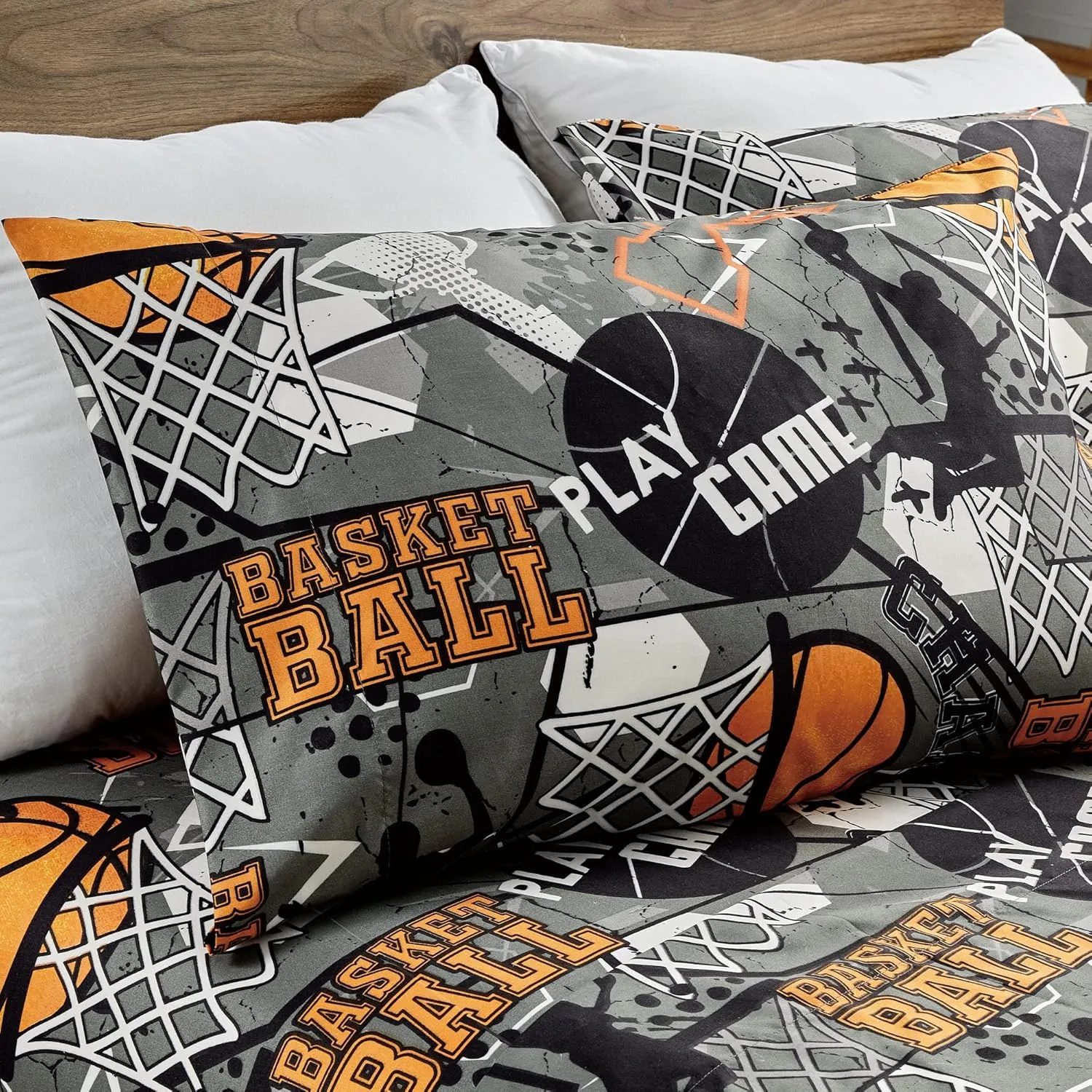 Chezmoi Collection 4-Piece Kids/Teens Basketball Sheet Set - Soft Microfiber Gray Orange Black Printed Sports Basketball Slam Dunk Fun Kids Sheets, Full Size
