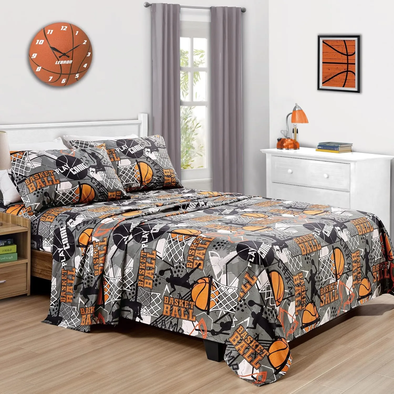 Chezmoi Collection 4-Piece Kids/Teens Basketball Sheet Set - Soft Microfiber Gray Orange Black Printed Sports Basketball Slam Dunk Fun Kids Sheets, Full Size