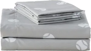 Chezmoi Collection 4-Piece Kids/Teens Sports Sheet Set - Soft Microfiber Gray White Baseball, Full Size