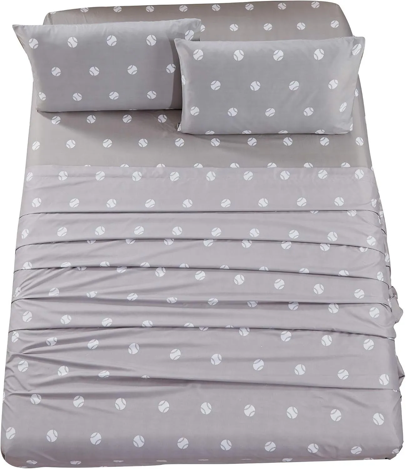Chezmoi Collection 4-Piece Kids/Teens Sports Sheet Set - Soft Microfiber Gray White Baseball, Full Size