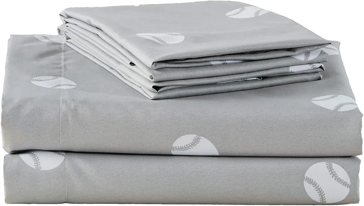 Chezmoi Collection 4-Piece Kids/Teens Sports Sheet Set - Soft Microfiber Gray White Baseball, Full Size