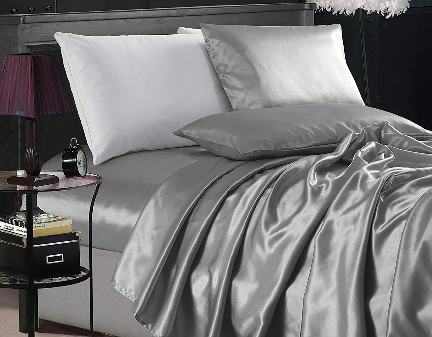 Chezmoi Collection 4-Piece Satin Sheet Set - Luxury Soft Silky Smooth Deep Pocket Bed Sheets - California King, Silver