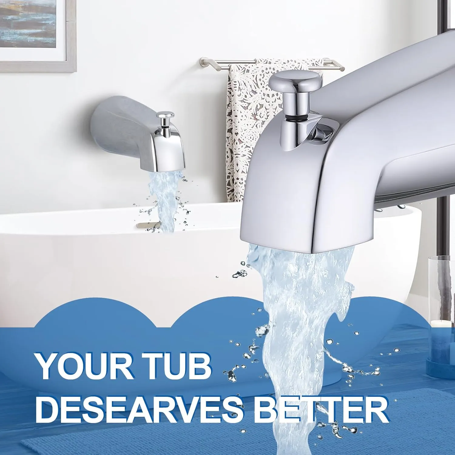 Chrome Tub Spout, Universal Bathtub Spout Slip-On Bathtub with Diverter, All Metal Slip Fit Bathroom Tub Spout with Pull-Up Diverter, Fits 1/2" Copper Tube