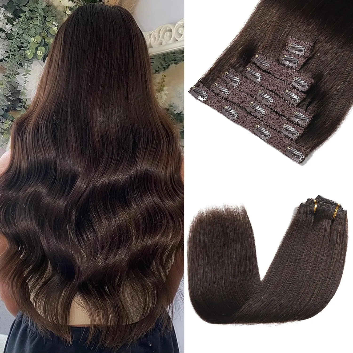 Clip in Hair Extensions Real Human Hair - 120g 20 Inch 7pcs, Dark Brown Color - Soft Remy Human Hair Clip in Hair Extensions Straight for Women (#2 20 Inch)