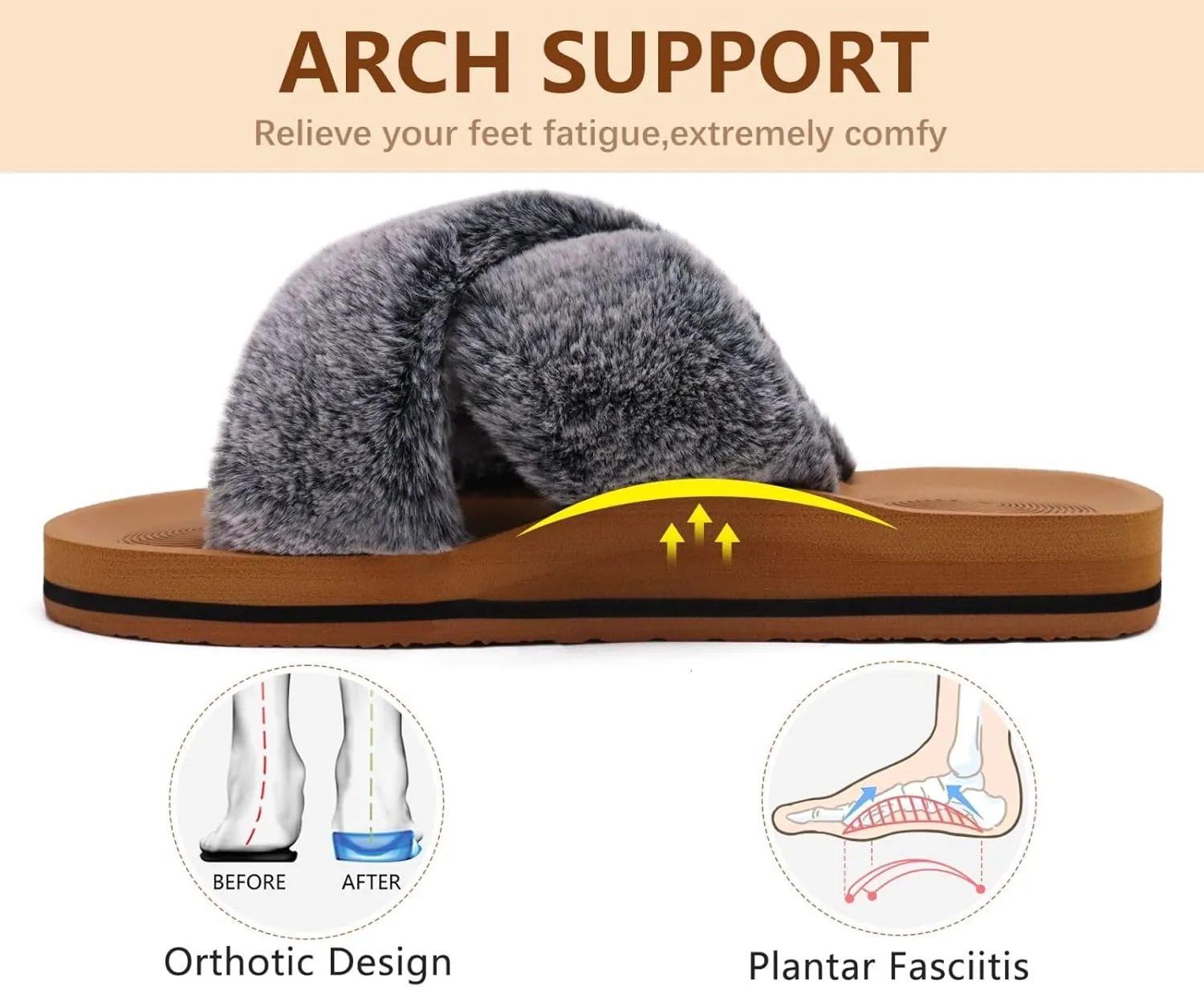 COFACE Womens Fuzzy Slides Fluff Faux Fur Cross Slippers Open Toe Yoga Mat House Slippers Sandals With Arch Support For Indoor/Outdoor