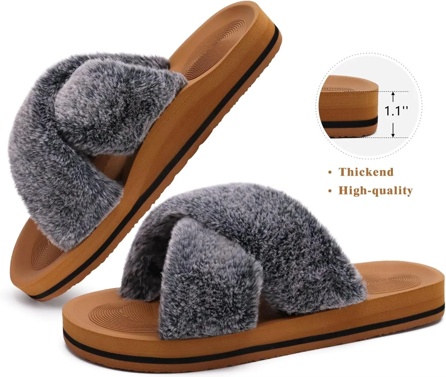 COFACE Womens Fuzzy Slides Fluff Faux Fur Cross Slippers Open Toe Yoga Mat House Slippers Sandals With Arch Support For Indoor/Outdoor