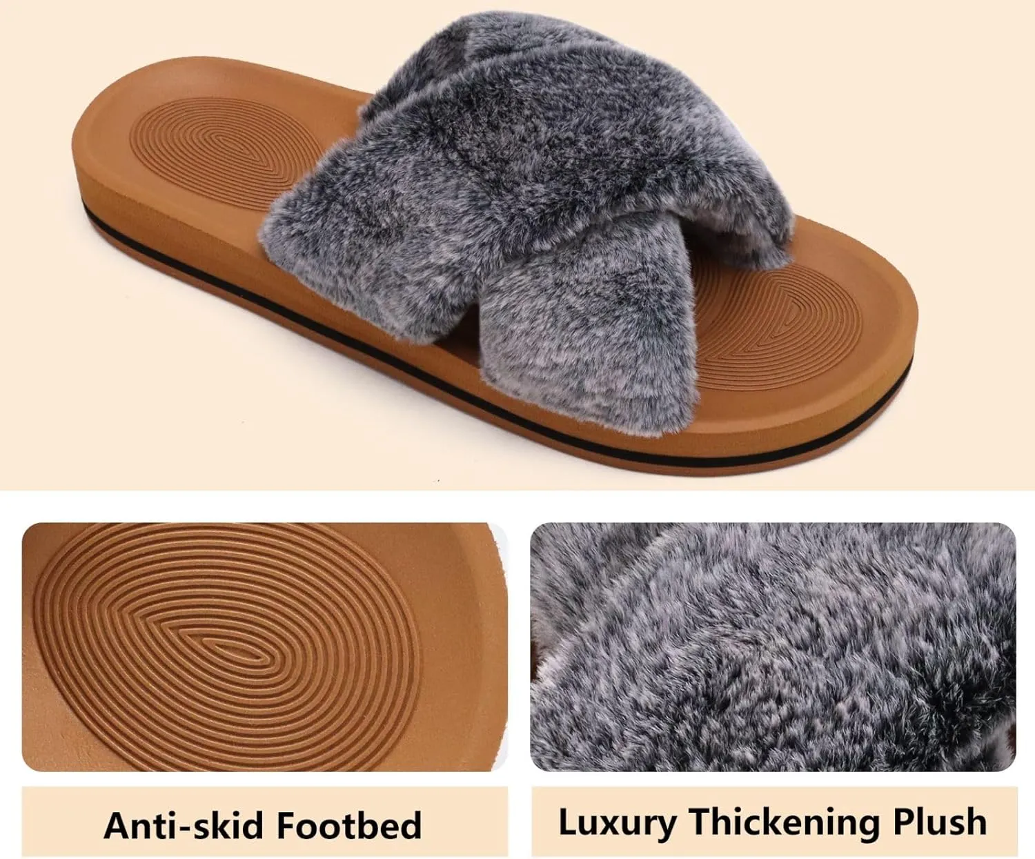 COFACE Womens Fuzzy Slides Fluff Faux Fur Cross Slippers Open Toe Yoga Mat House Slippers Sandals With Arch Support For Indoor/Outdoor
