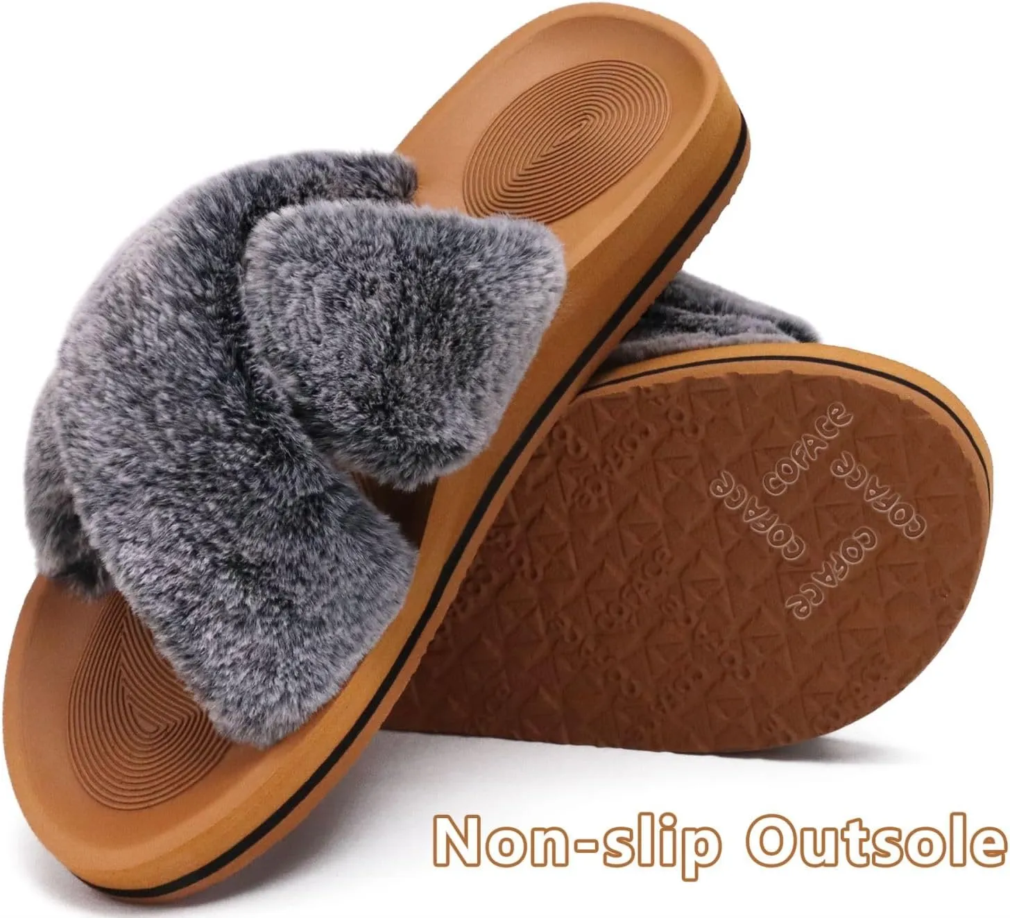 COFACE Womens Fuzzy Slides Fluff Faux Fur Cross Slippers Open Toe Yoga Mat House Slippers Sandals With Arch Support For Indoor/Outdoor