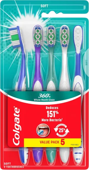 Colgate 360 Whole Mouth Clean Toothbrush, Adult Soft Toothbrushes, 5 Pack, Multicolored