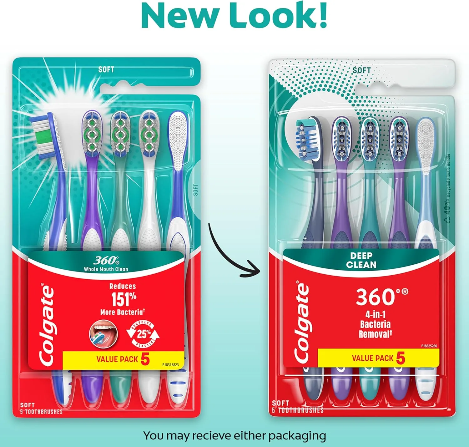 Colgate 360 Whole Mouth Clean Toothbrush, Adult Soft Toothbrushes, 5 Pack, Multicolored