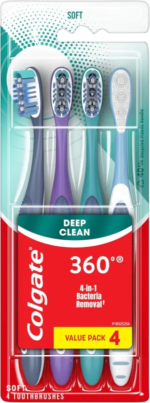 Colgate 360 Whole Mouth Toothbrush, Adult Soft Toothbrush With Tapered Bristles, Features Tongue Cleaner and Ergonomic Handle, Helps Whiten Teeth and Removes Bacteria, 4 Pack