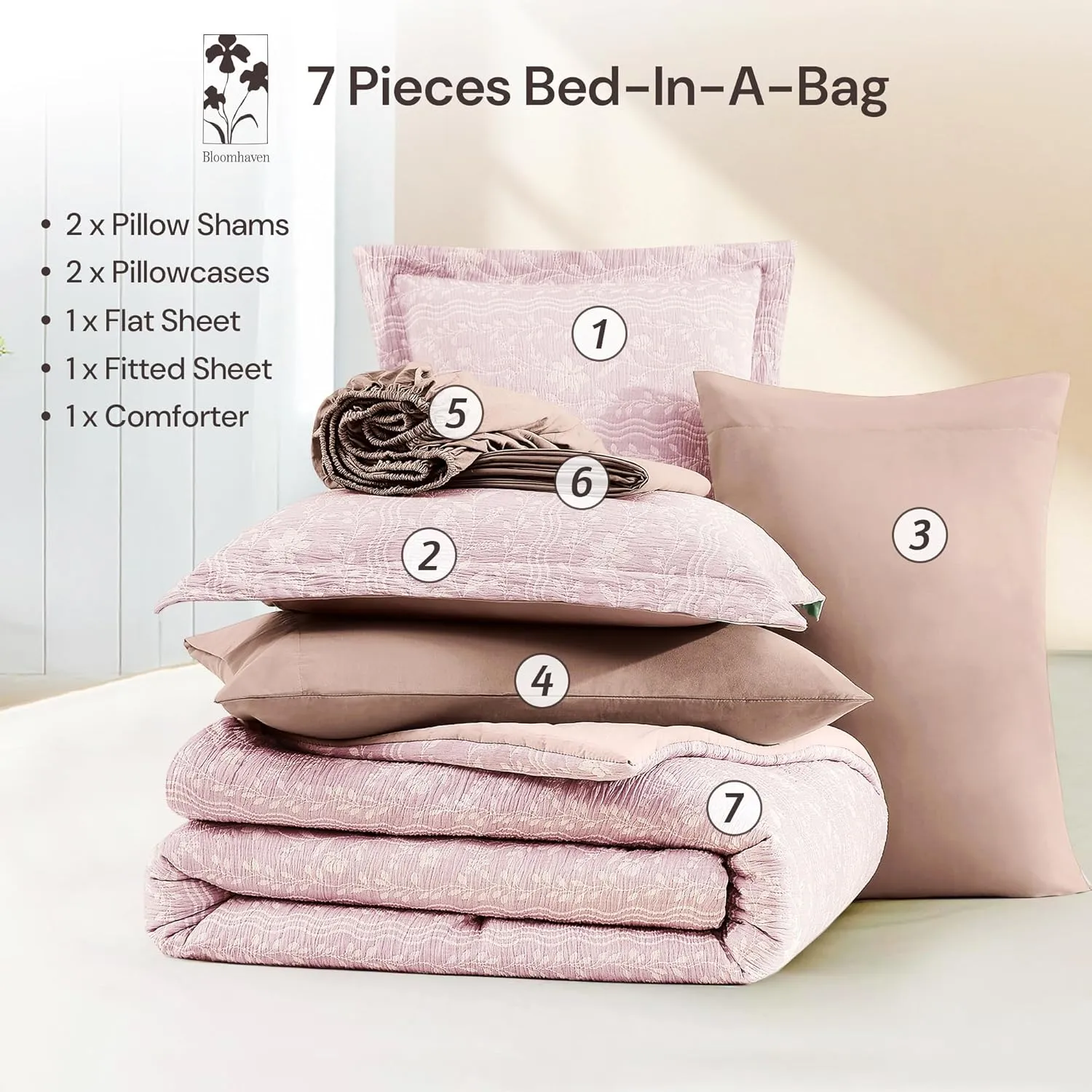 Comforter Set Queen Size - 7 Pieces Floral Pink Bedding for All Seasons, Farmhouse Shabby Chic Embroidery Bed Set, Soft Jacquard Queen Comforter Set with Sheets, Pillowcases & Shams