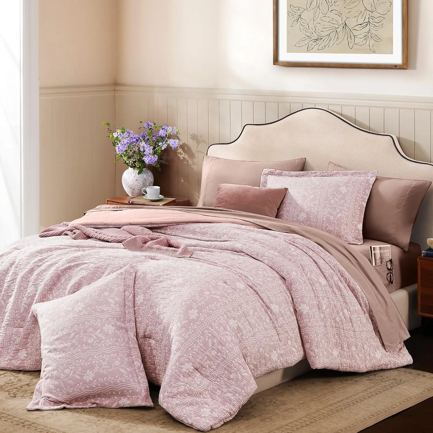Comforter Set Queen Size - 7 Pieces Floral Pink Bedding for All Seasons, Farmhouse Shabby Chic Embroidery Bed Set, Soft Jacquard Queen Comforter Set with Sheets, Pillowcases & Shams