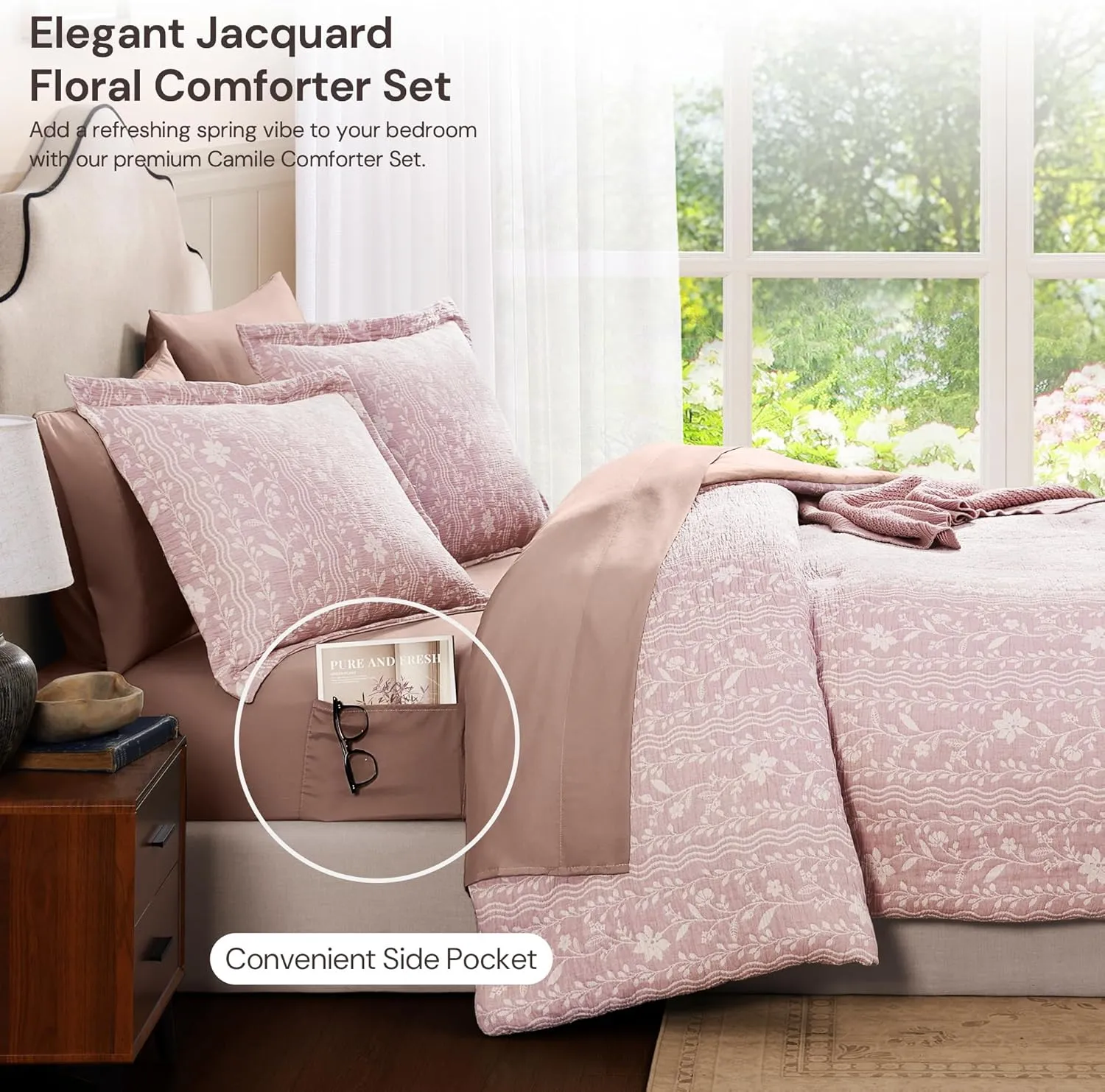 Comforter Set Queen Size - 7 Pieces Floral Pink Bedding for All Seasons, Farmhouse Shabby Chic Embroidery Bed Set, Soft Jacquard Queen Comforter Set with Sheets, Pillowcases & Shams