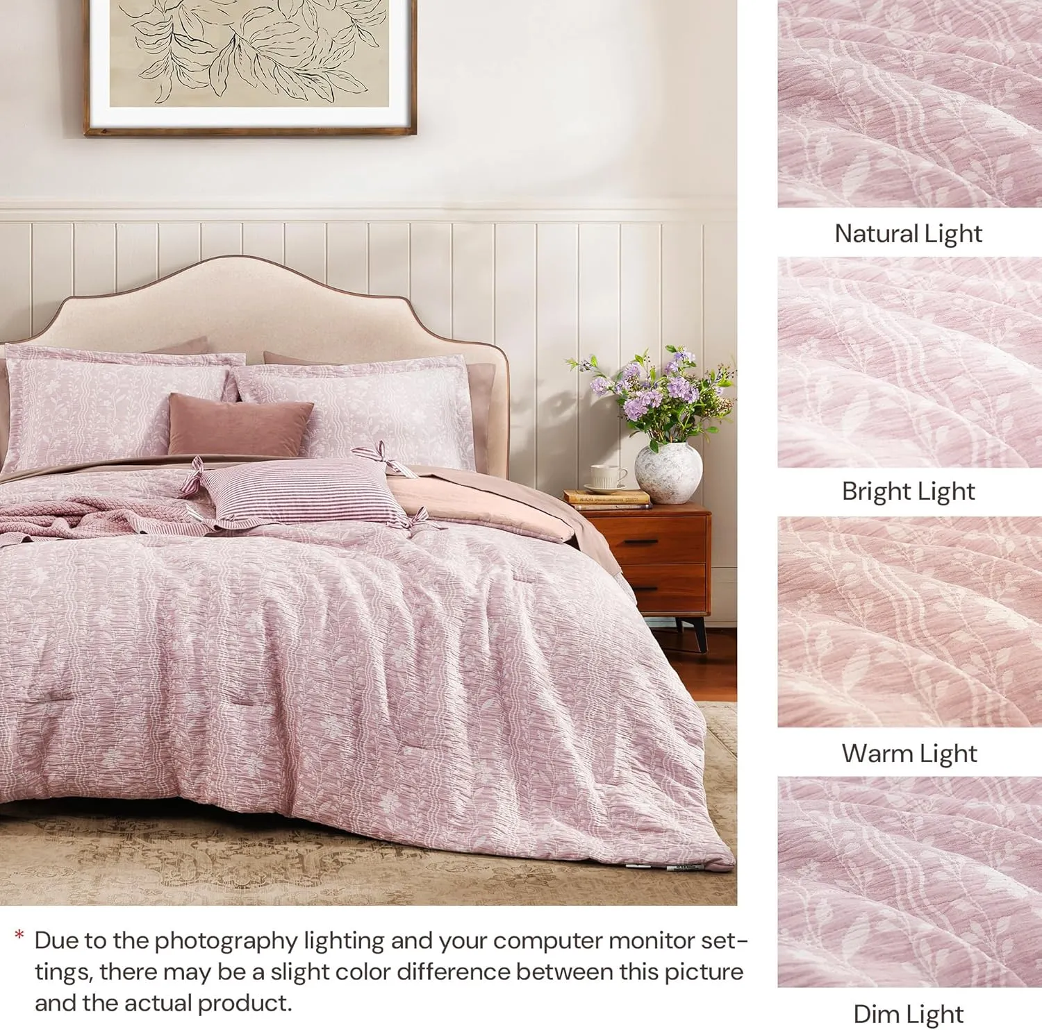 Comforter Set Queen Size - 7 Pieces Floral Pink Bedding for All Seasons, Farmhouse Shabby Chic Embroidery Bed Set, Soft Jacquard Queen Comforter Set with Sheets, Pillowcases & Shams