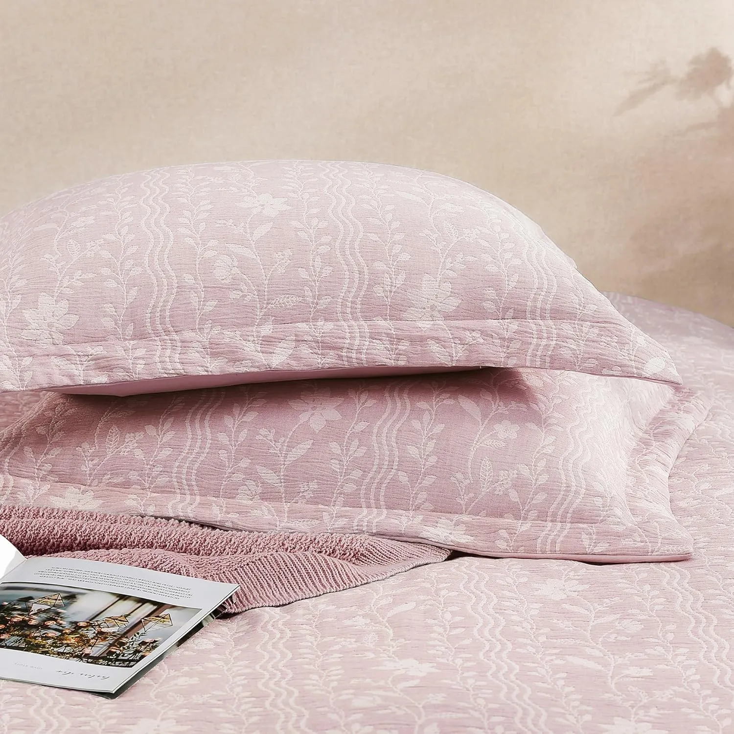 Comforter Set Queen Size - 7 Pieces Floral Pink Bedding for All Seasons, Farmhouse Shabby Chic Embroidery Bed Set, Soft Jacquard Queen Comforter Set with Sheets, Pillowcases & Shams