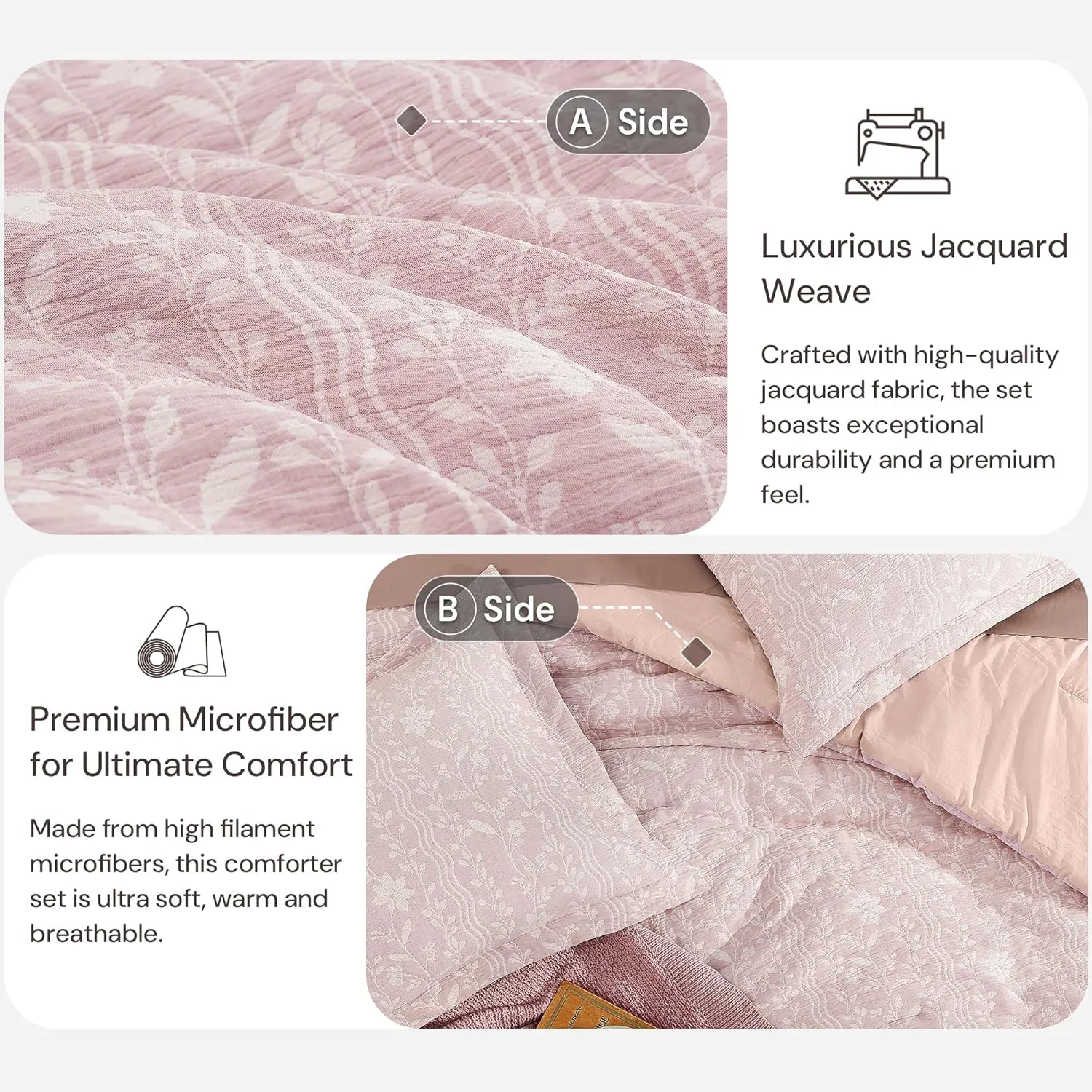 Comforter Set Queen Size - 7 Pieces Floral Pink Bedding for All Seasons, Farmhouse Shabby Chic Embroidery Bed Set, Soft Jacquard Queen Comforter Set with Sheets, Pillowcases & Shams