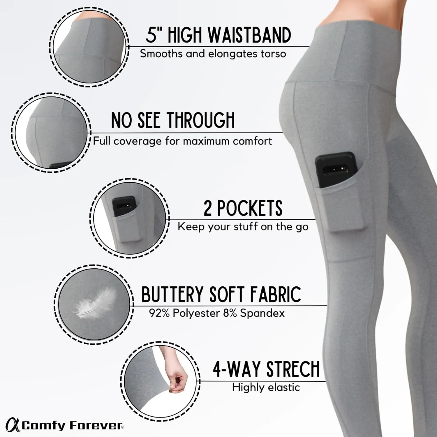 COMFY FOREVER Pocket Leggings for Women W/5' High Waist Tummy Control Ankle Length Pants