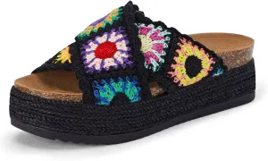 Coutgo Womens Platform Espadrille Sandals Flatform Floral Crochet Cork Open Toe Summer Beach Slide Sandals