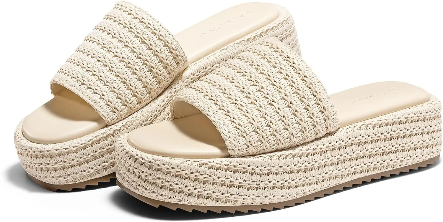 Coutgo Womens Platform Sandals Raffia Espadrilles Slip on Open Toe Cute Boho Summer Beach Slide Sandals