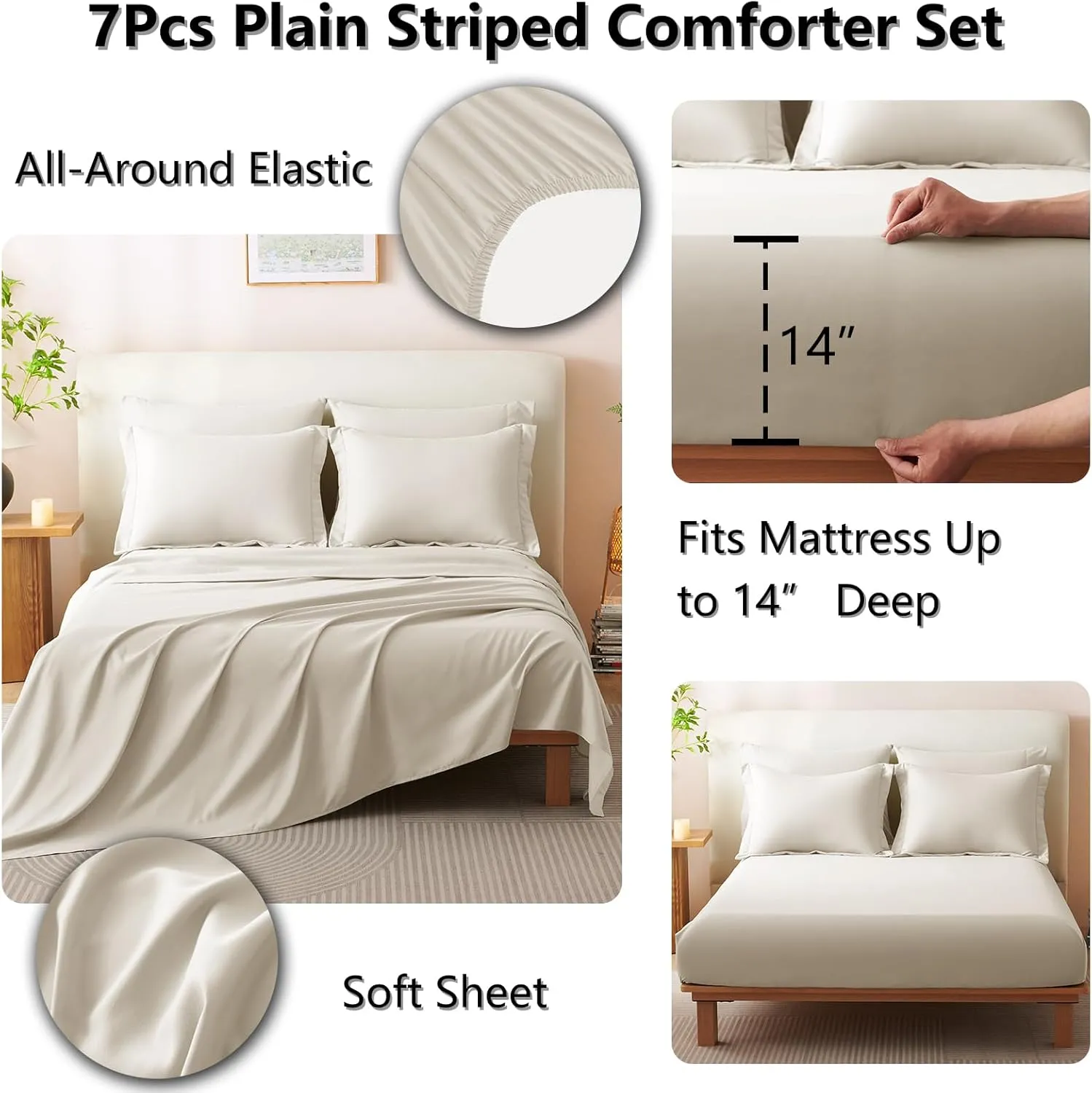 CozyLux King Size Comforter Set - 7 Pieces Bed in a Bag Beige Comforters King Size Bed Set, Soft Bedding Set with All Seasons Comforter, Sheets, Pillowcases & Shams