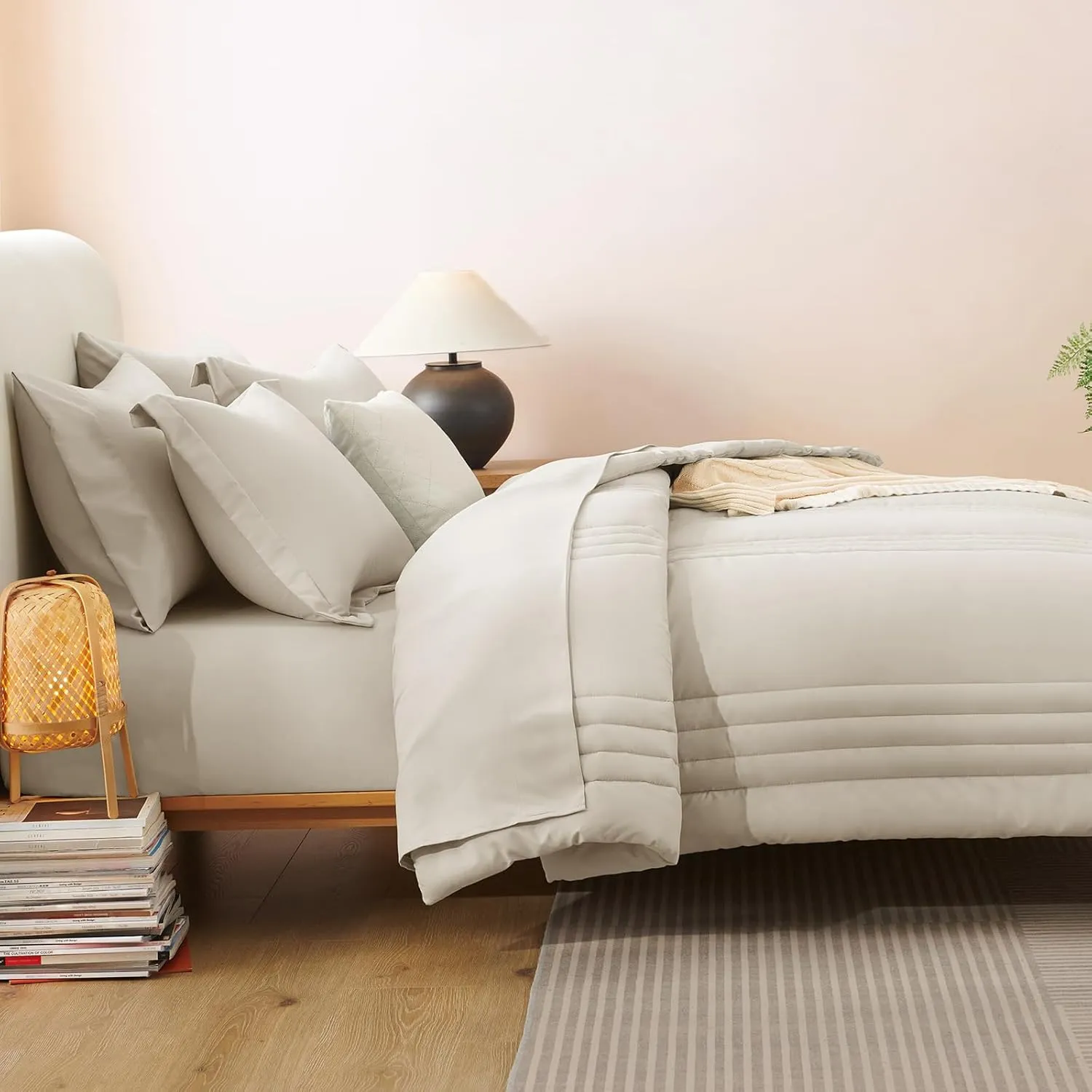 CozyLux King Size Comforter Set - 7 Pieces Bed in a Bag Beige Comforters King Size Bed Set, Soft Bedding Set with All Seasons Comforter, Sheets, Pillowcases & Shams