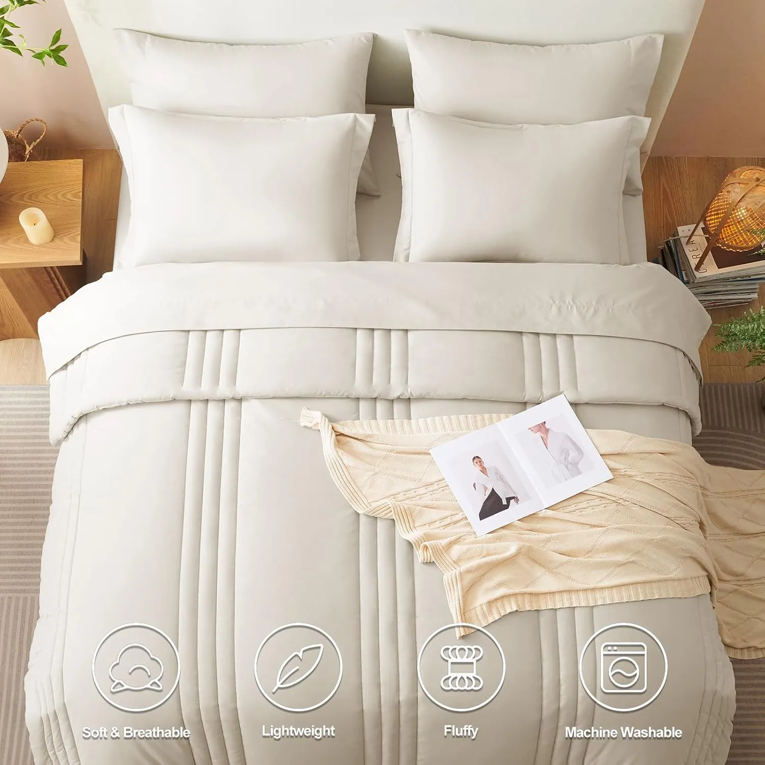 CozyLux King Size Comforter Set - 7 Pieces Bed in a Bag Beige Comforters King Size Bed Set, Soft Bedding Set with All Seasons Comforter, Sheets, Pillowcases & Shams