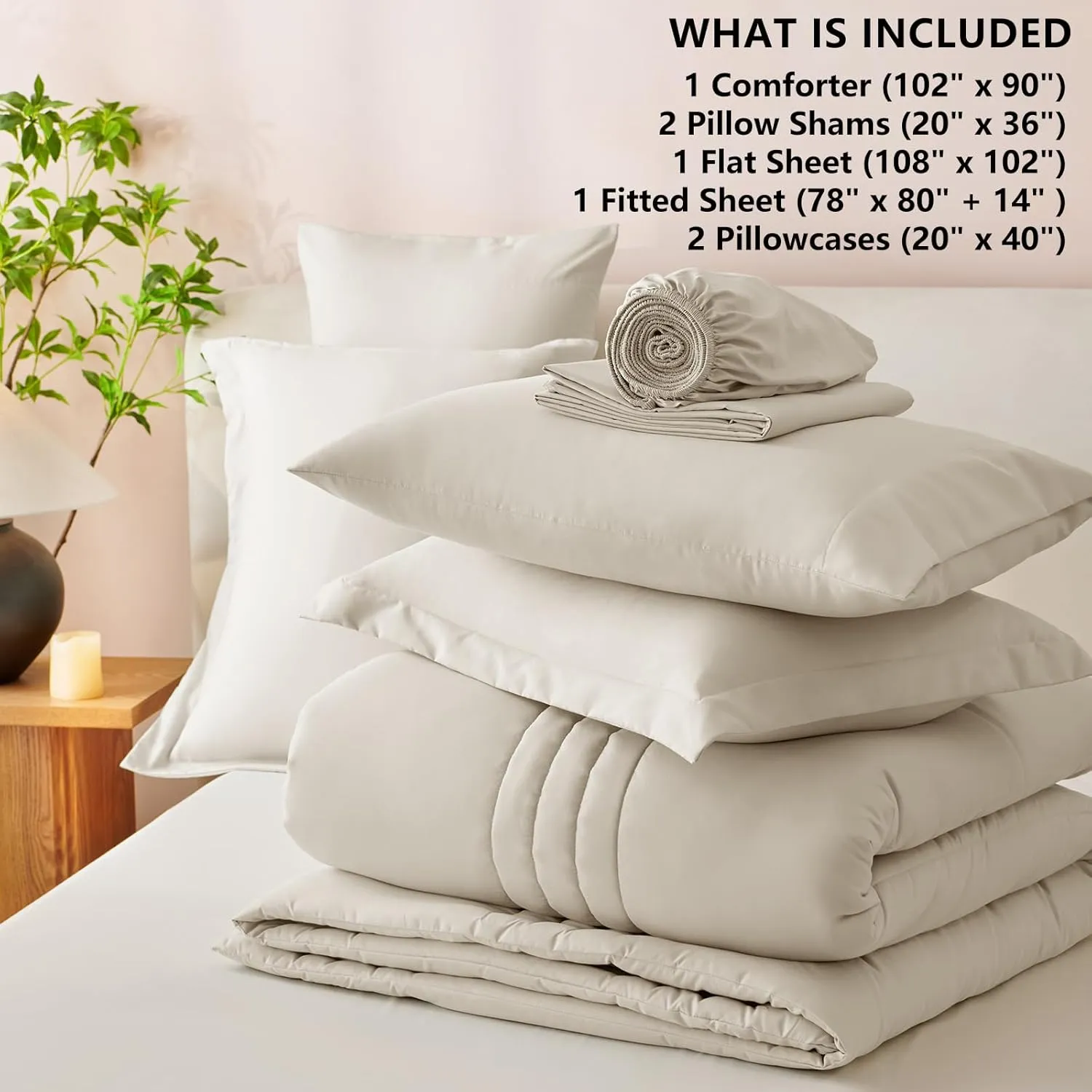 CozyLux King Size Comforter Set - 7 Pieces Bed in a Bag Beige Comforters King Size Bed Set, Soft Bedding Set with All Seasons Comforter, Sheets, Pillowcases & Shams