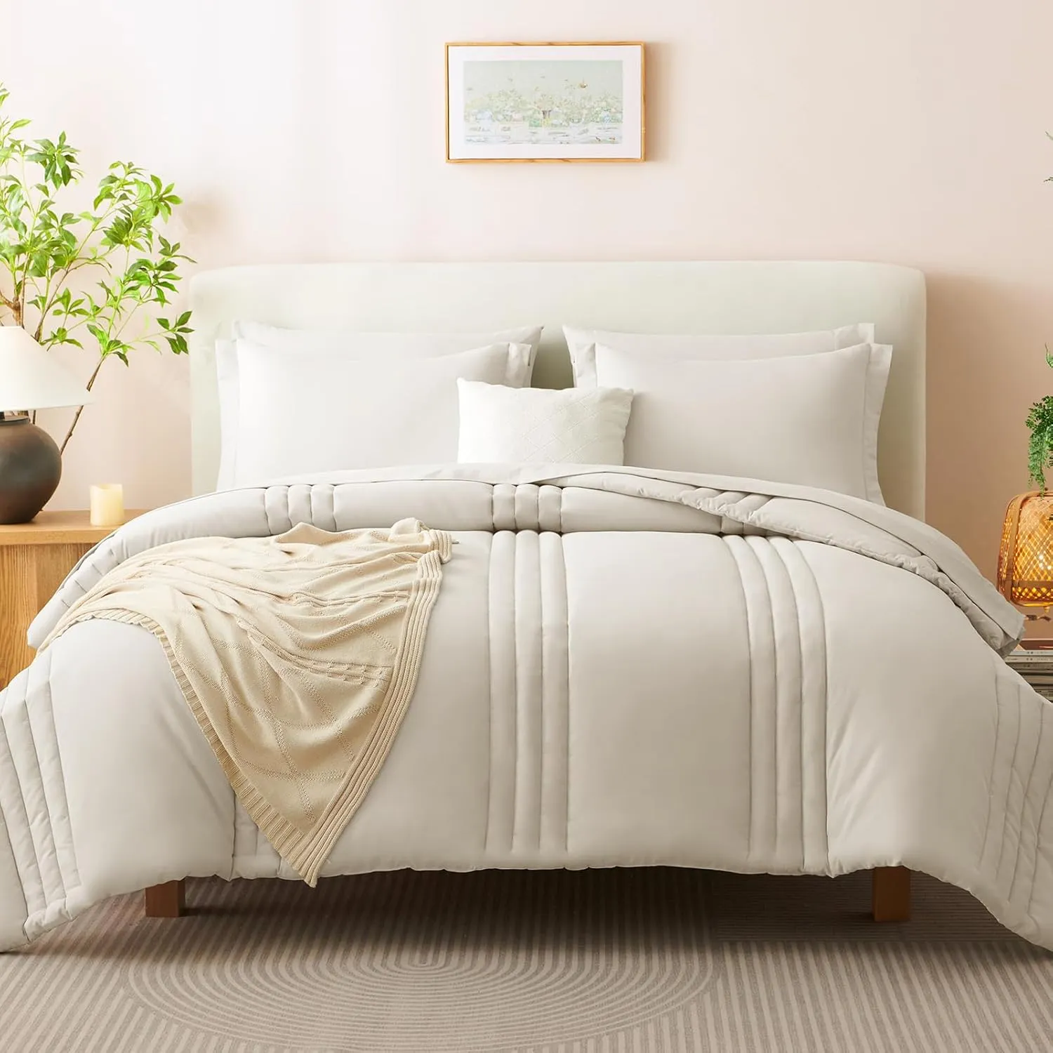 CozyLux King Size Comforter Set - 7 Pieces Bed in a Bag Beige Comforters King Size Bed Set, Soft Bedding Set with All Seasons Comforter, Sheets, Pillowcases & Shams