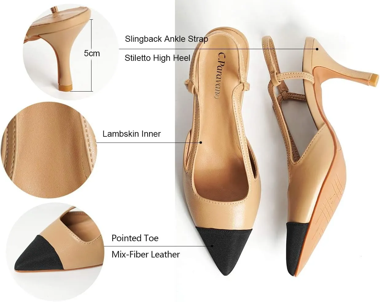 C.Paravano Women's Pointed Toe Slingback Flats | Comfort Heeled Sandals | Slip-On Flats | Perfect for Casual, Business, Party, Date