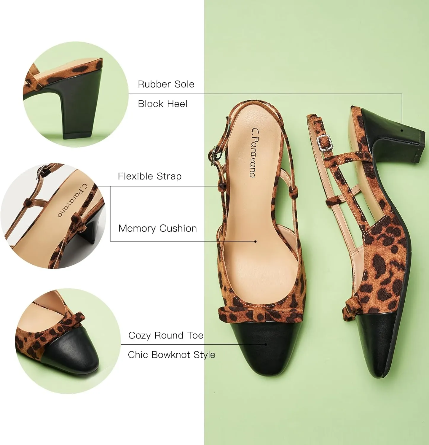 C.Paravano Women's Slingback Low Chunky Heels Round Toe Block Heel Pumps Splicing Bowknot Slip On Fashion Party Dress Shoes