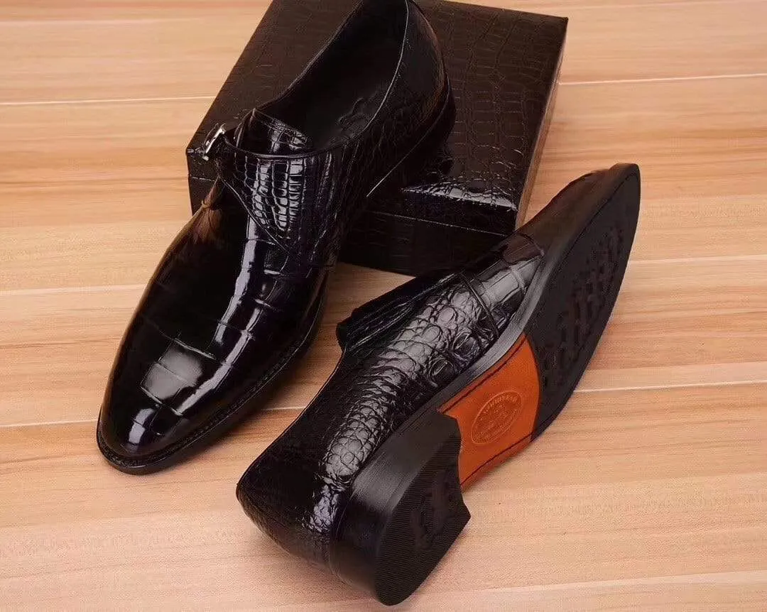 Crocodile Shoes Mens Crocodile  Leather Black Monk Shoes Slip on Smart Loafer