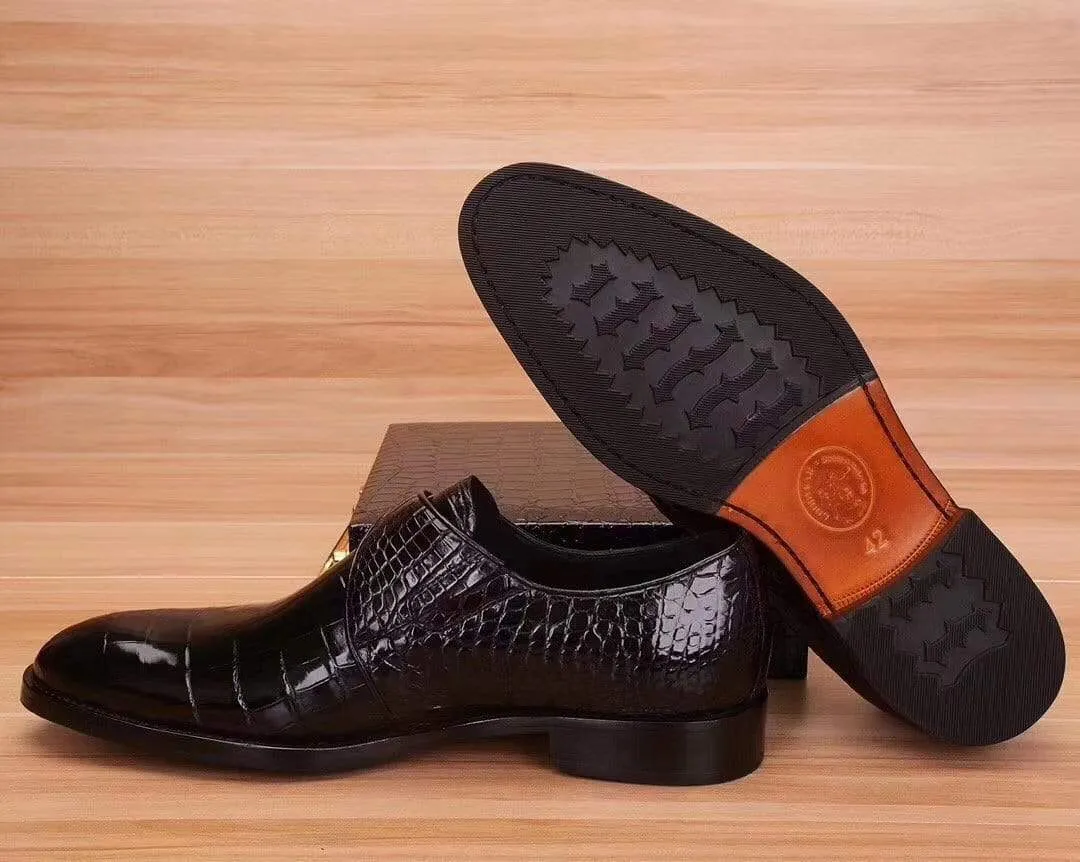 Crocodile Shoes Mens Crocodile  Leather Black Monk Shoes Slip on Smart Loafer