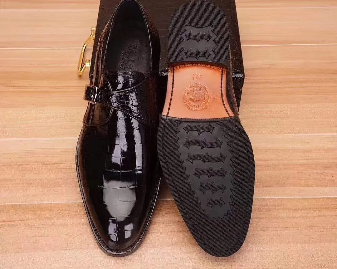 Crocodile Shoes Mens Crocodile  Leather Black Monk Shoes Slip on Smart Loafer