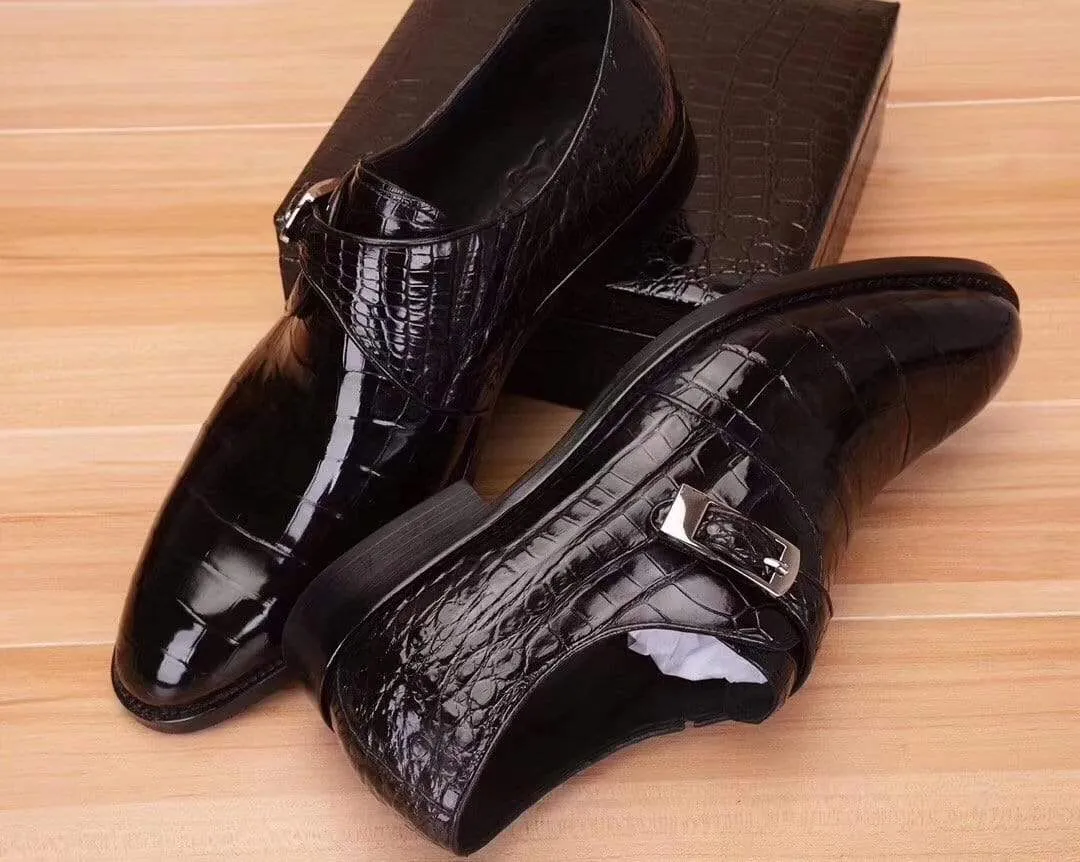 Crocodile Shoes Mens Crocodile  Leather Black Monk Shoes Slip on Smart Loafer