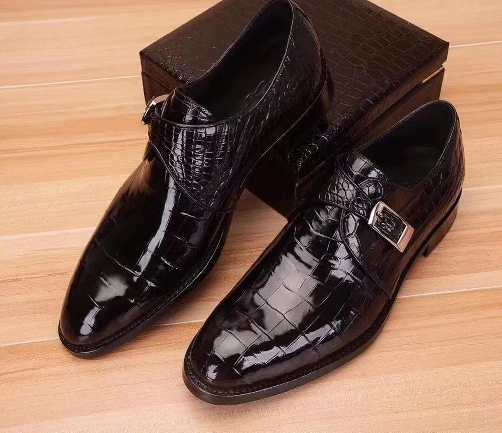 Crocodile Shoes Mens Crocodile  Leather Black Monk Shoes Slip on Smart Loafer