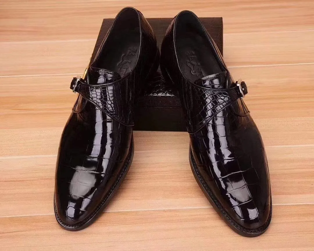 Crocodile Shoes Mens Crocodile  Leather Black Monk Shoes Slip on Smart Loafer