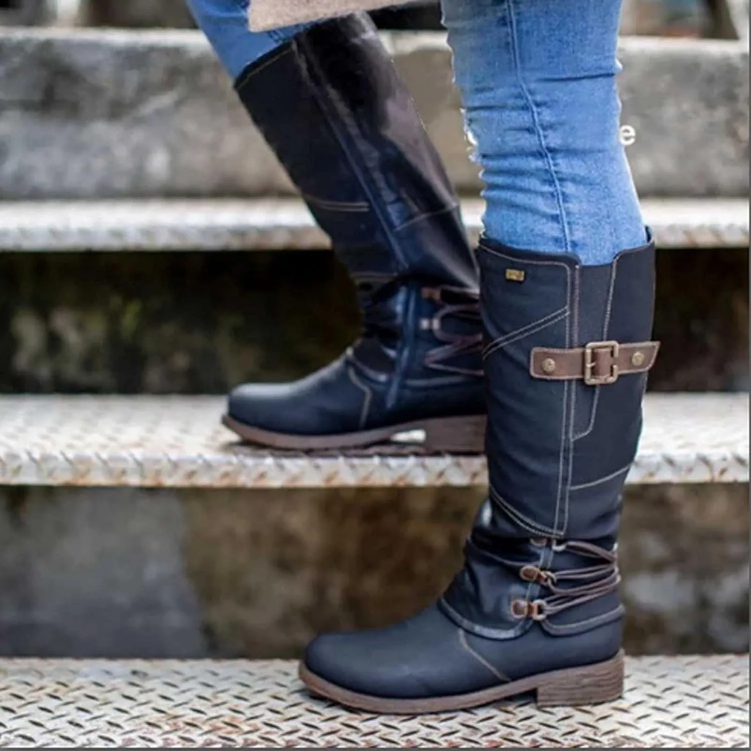 Ctreela Women's Vintage Mid-Calf Riding Boot Retro Round Toe Work Chunky Low Heel Western Booties Combat Motorcycle Boots