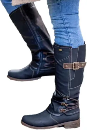Ctreela Women's Vintage Mid-Calf Riding Boot Retro Round Toe Work Chunky Low Heel Western Booties Combat Motorcycle Boots